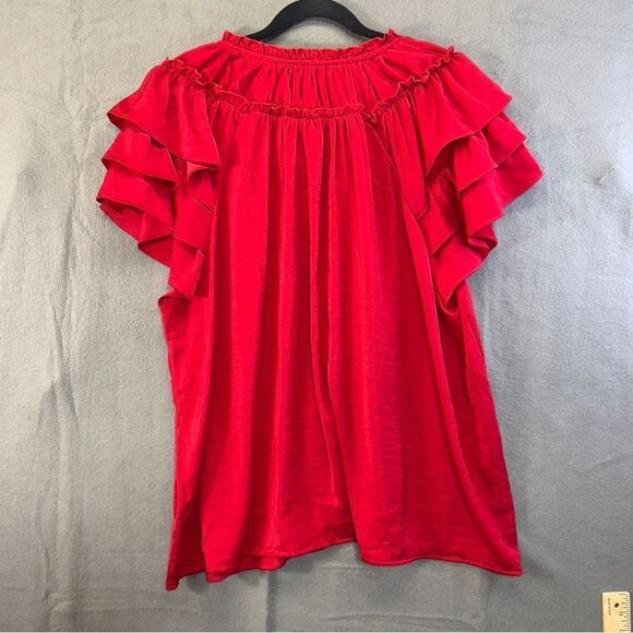 Xxxl 3x red Plus Size Flutter Sleeve Tie Front Blouse - Picture 9 of 10